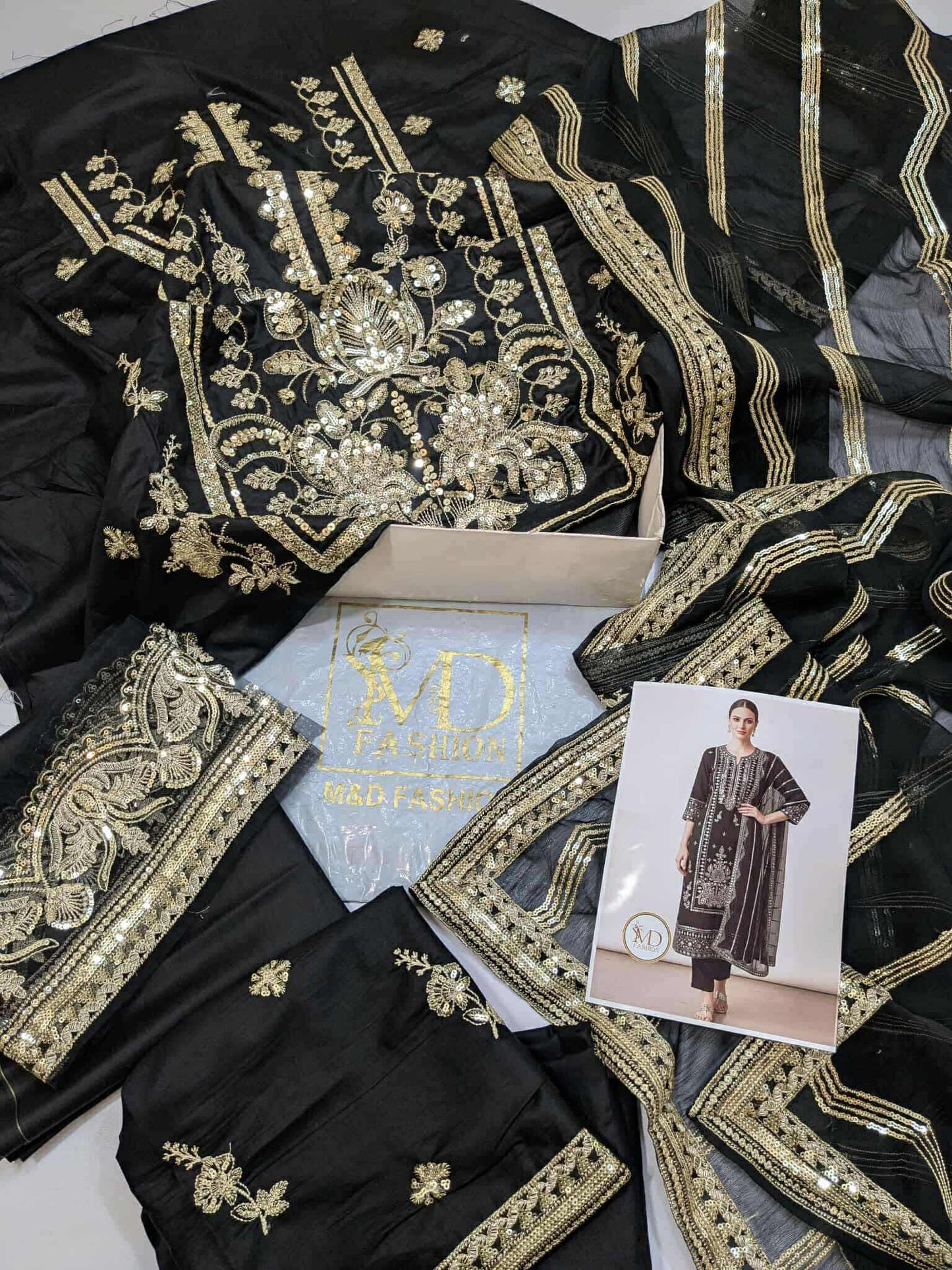 RajBari Cotton black Gold dress with chiffon duppata