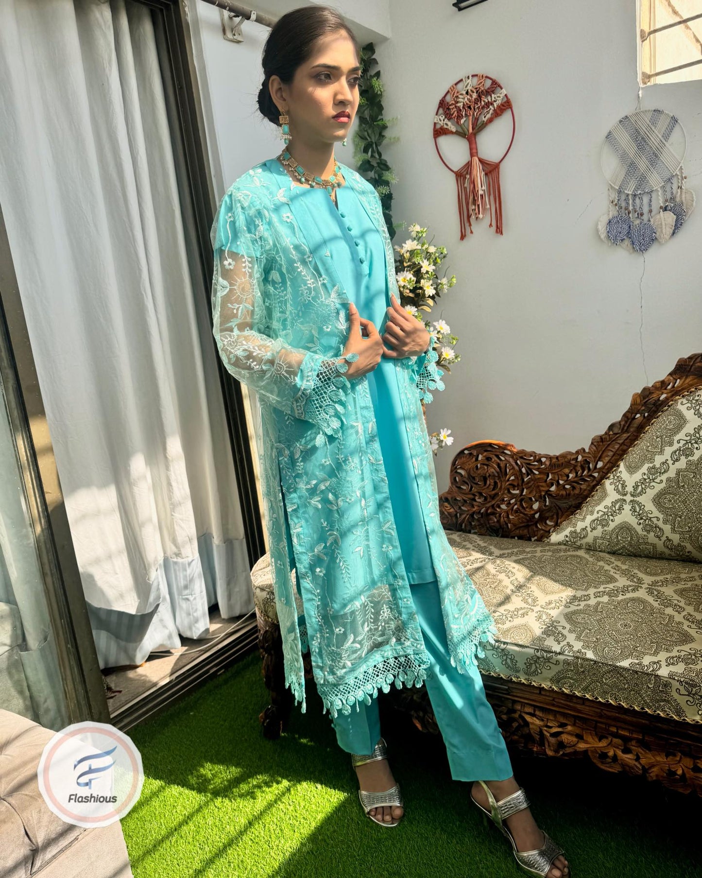 Aqua Gown 3 Piece Ready To Wear