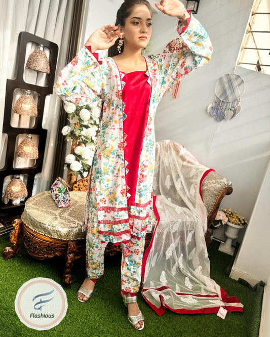 Daisy Red Stitched Lawn Printed Dress