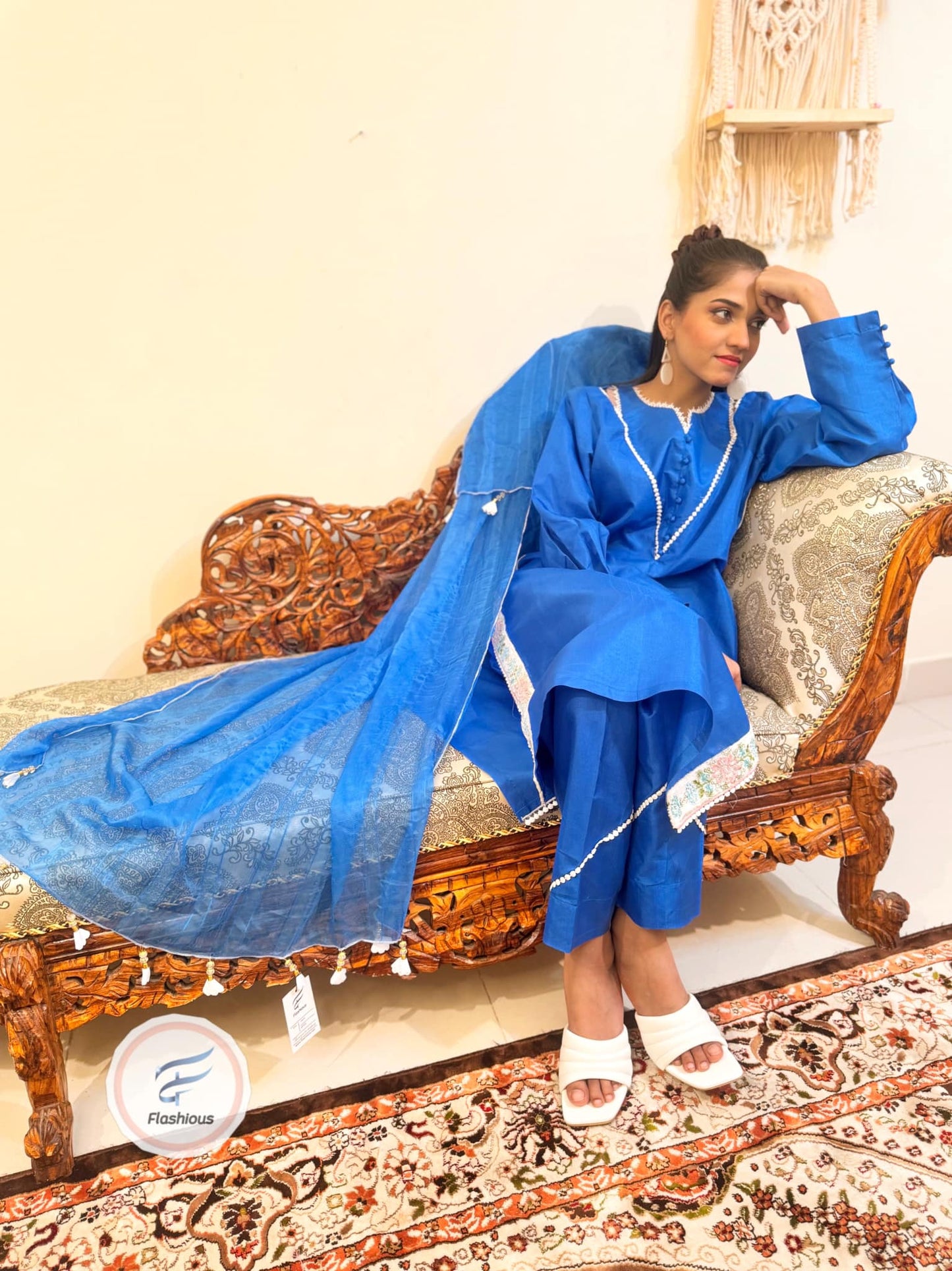 Flashious Stitched Raw-Silk SapphireBlue Dress