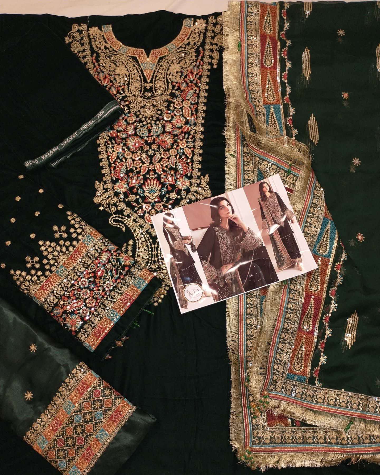 Jazmin Green Velvet dress with Multi wrok