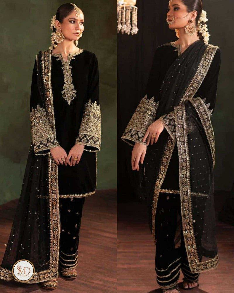 Iznik Black Velvet Embroidered Dress