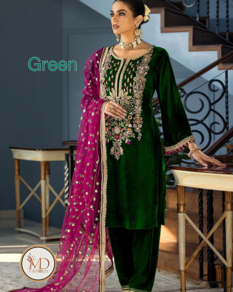 Khuda Baksh Green Velvet Dress