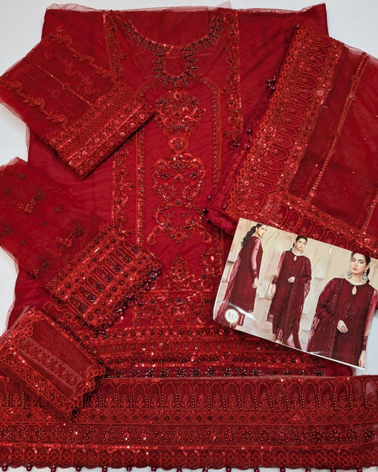 Mushq Deep Red Hand Embellished net embroidered