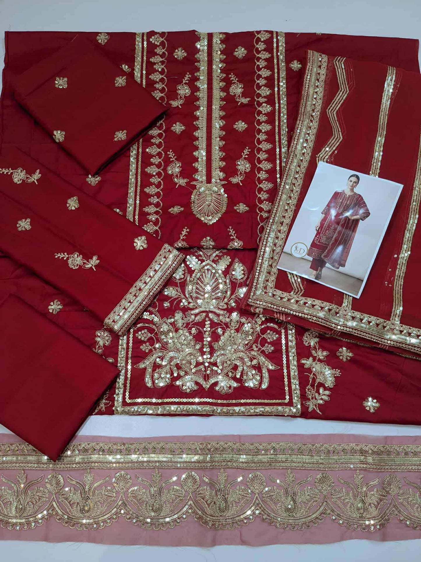 RajBari Cotton Red Gold dress with chiffon duppata