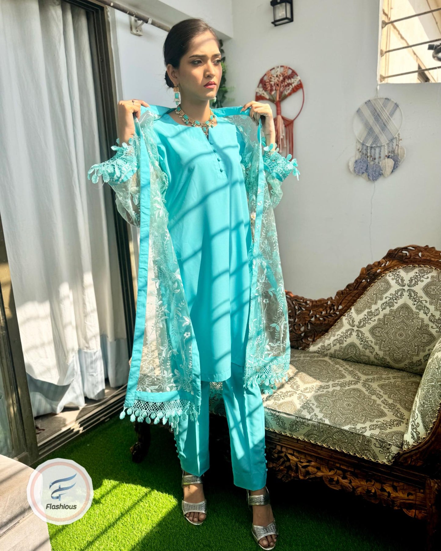 Aqua Gown 3 Piece Ready To Wear