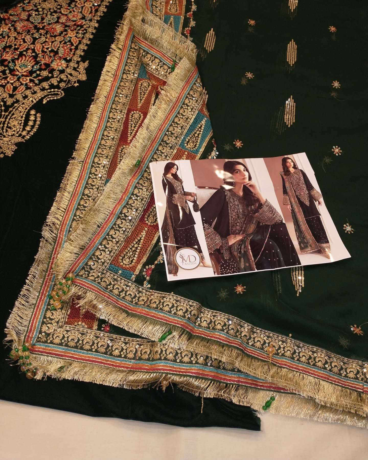 Jazmin Green Velvet dress with Multi wrok