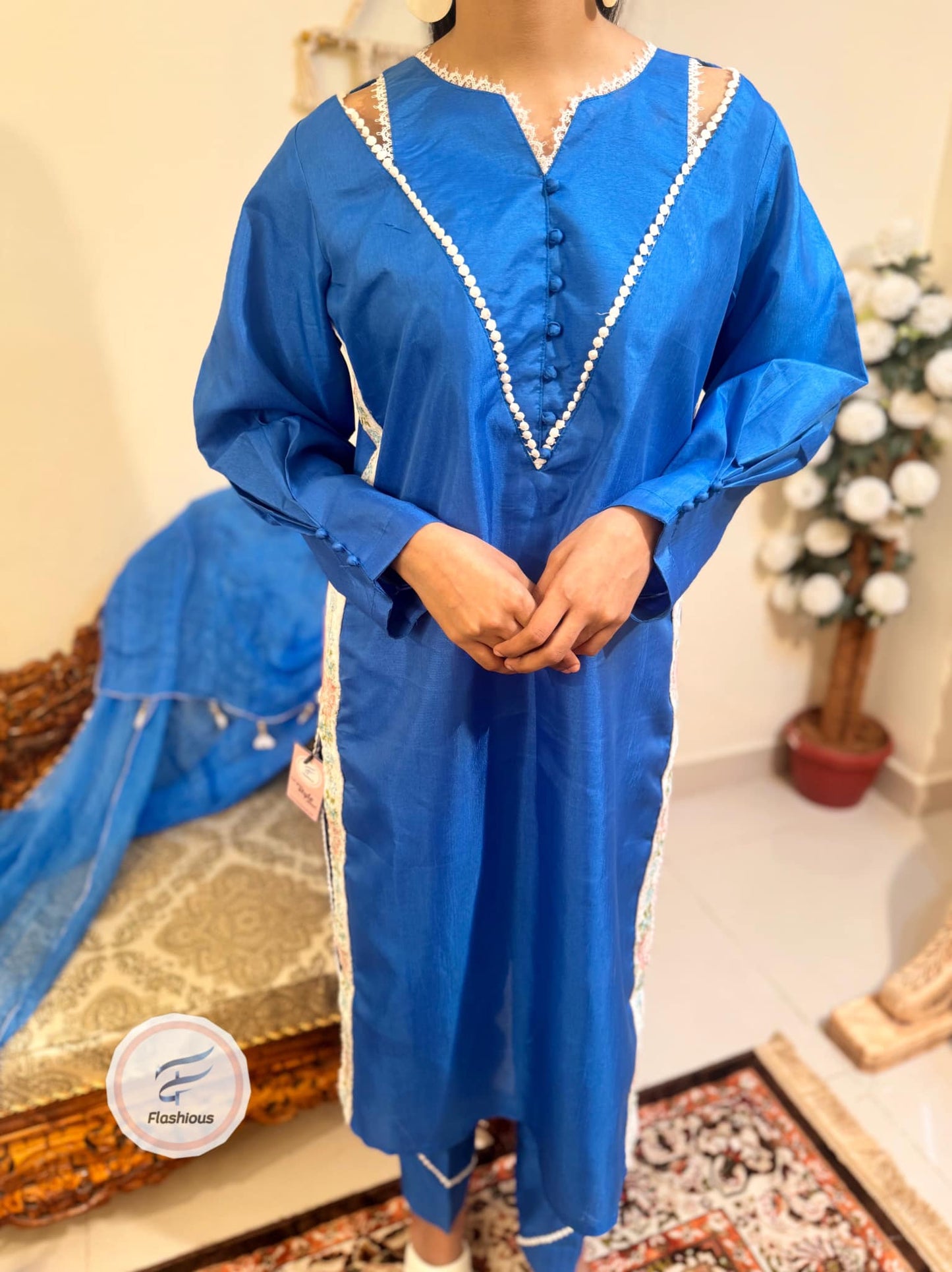 Flashious Stitched Raw-Silk SapphireBlue Dress