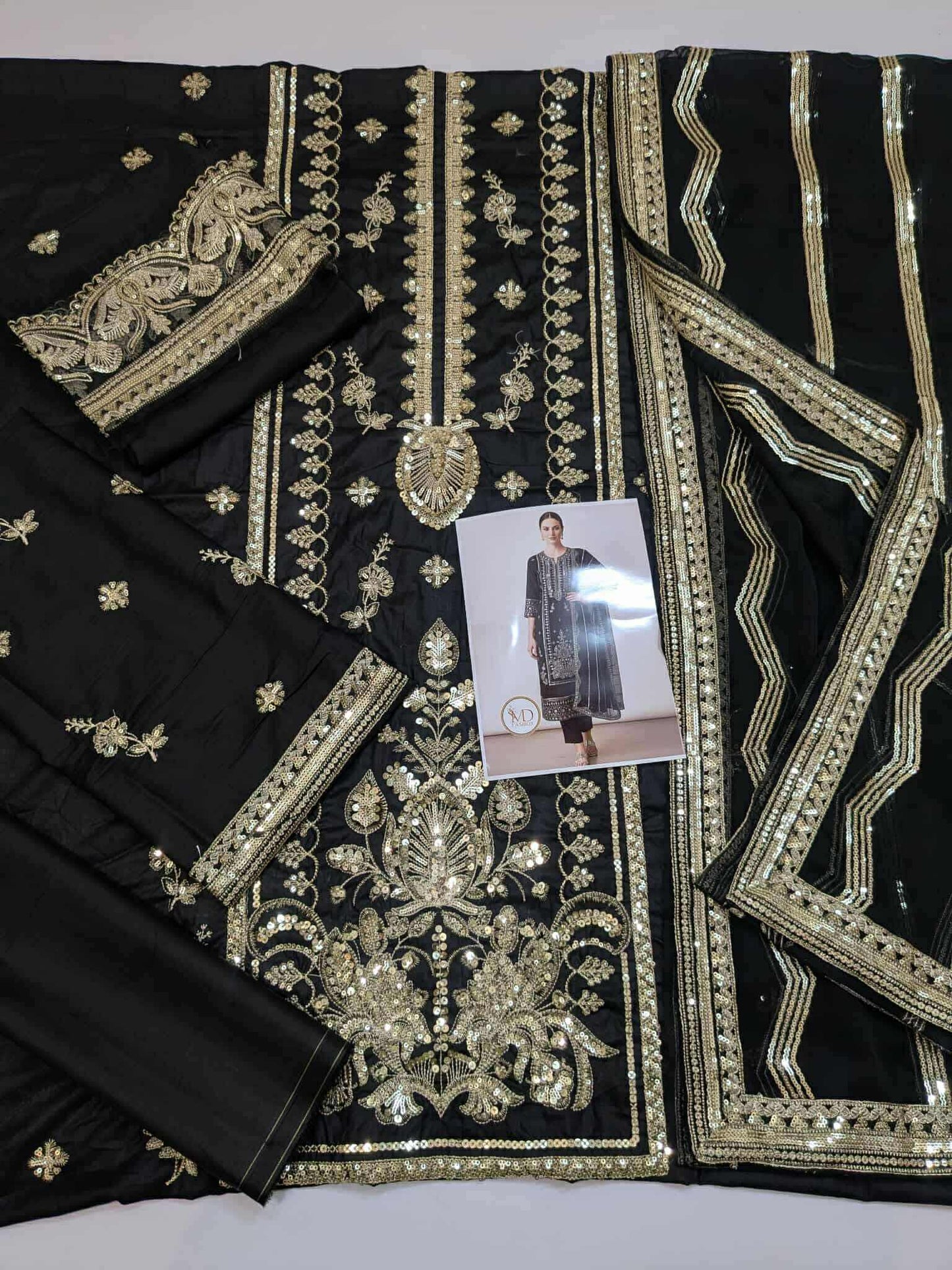 RajBari Cotton black Gold dress with chiffon duppata