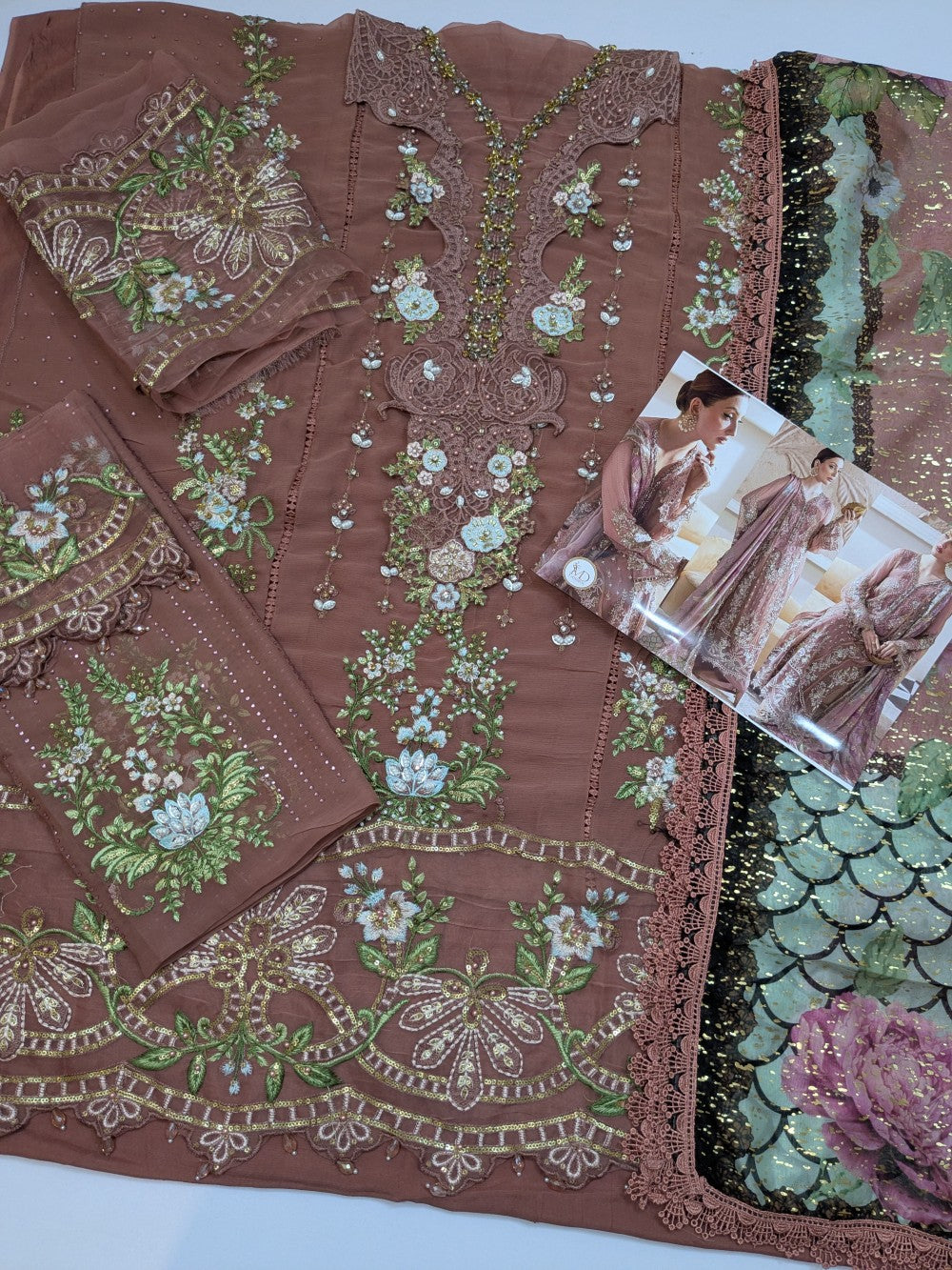 Maria B Tea Chiffon Embroidered Foil Dress