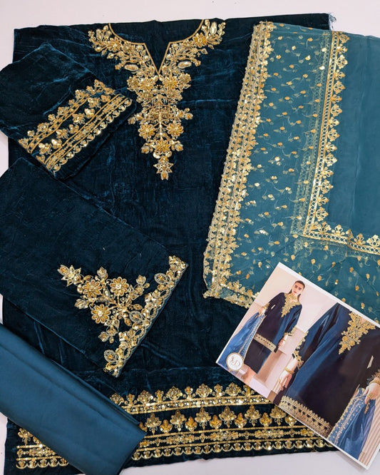 Baroque Teal Hand Embellished Velvet