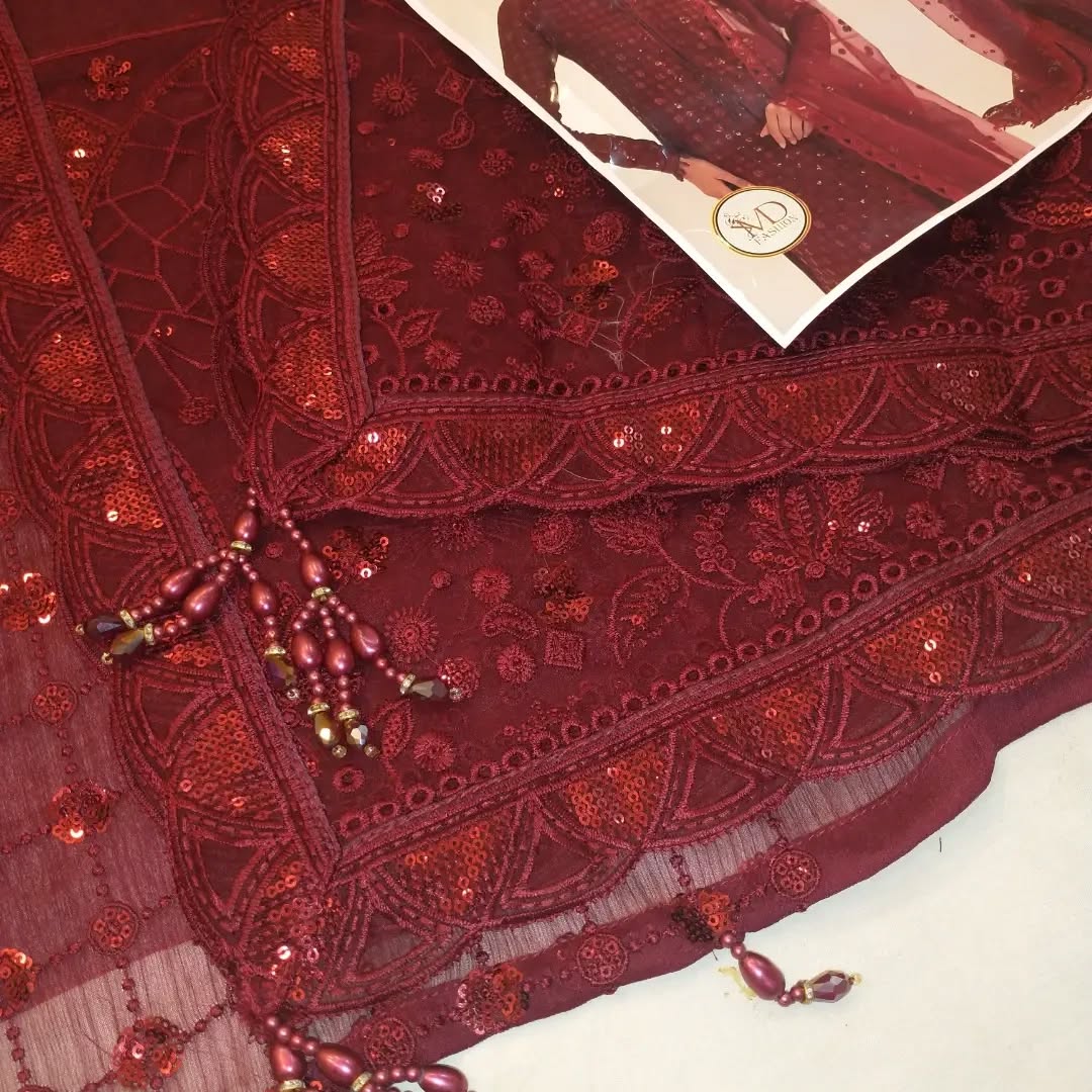 JAZMIN MAROON EMBROIDERED CHIFFON WITH RAW SILK