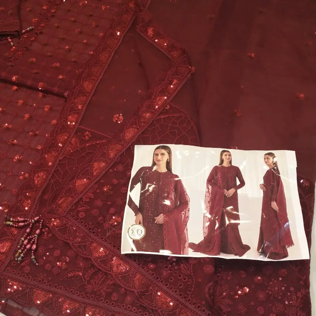 JAZMIN MAROON EMBROIDERED CHIFFON WITH RAW SILK