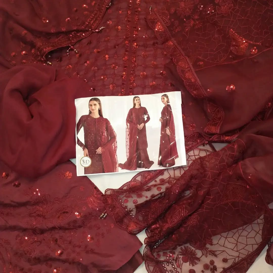 JAZMIN MAROON EMBROIDERED CHIFFON WITH RAW SILK