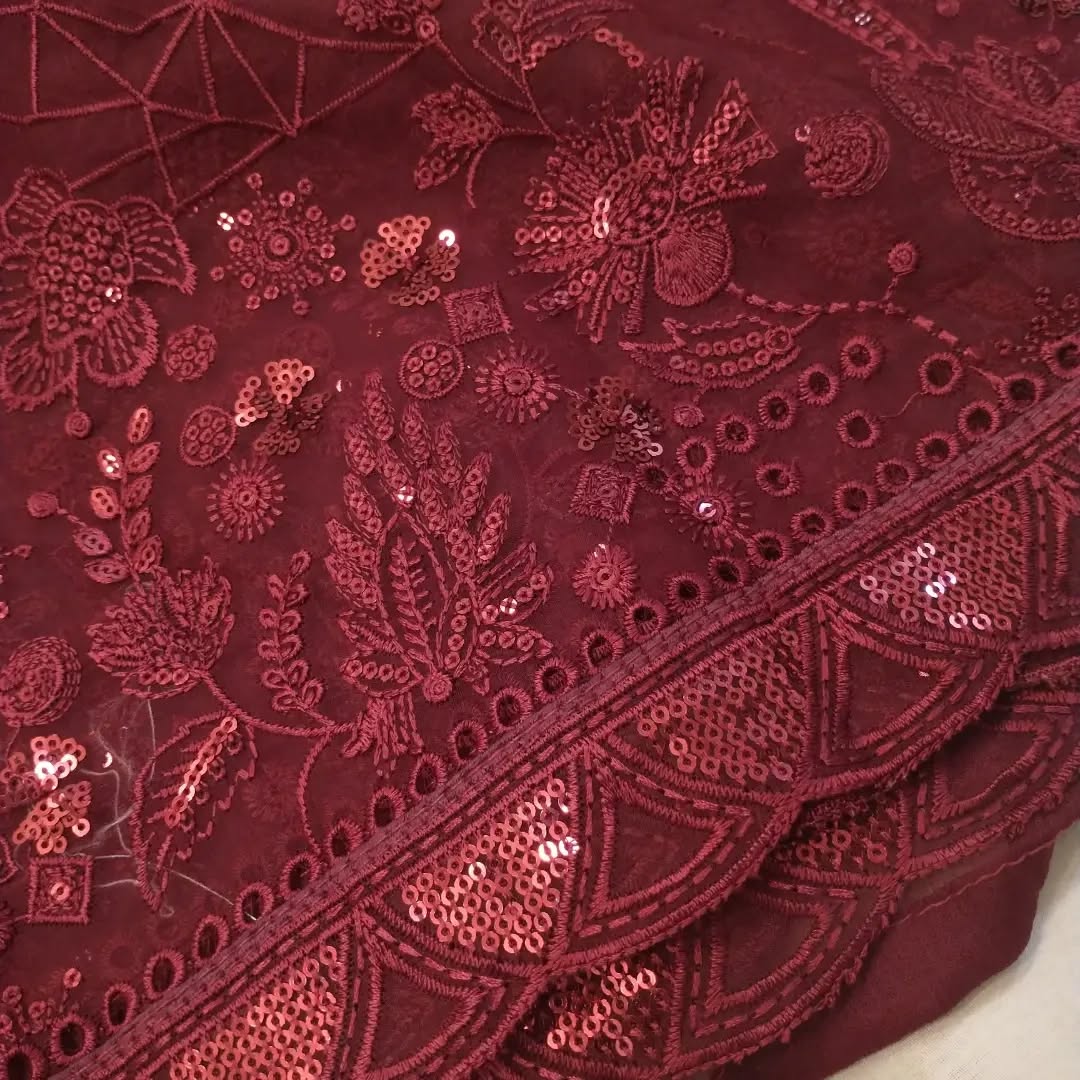 JAZMIN MAROON EMBROIDERED CHIFFON WITH RAW SILK