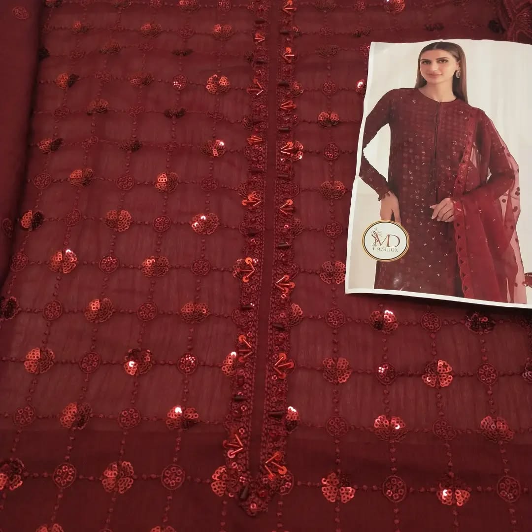 JAZMIN MAROON EMBROIDERED CHIFFON WITH RAW SILK