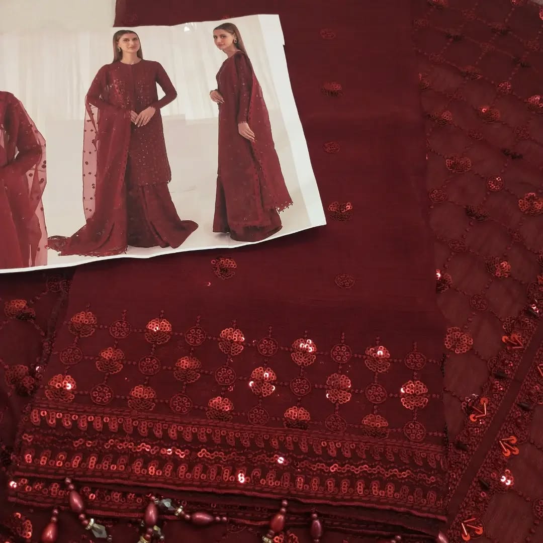 JAZMIN MAROON EMBROIDERED CHIFFON WITH RAW SILK