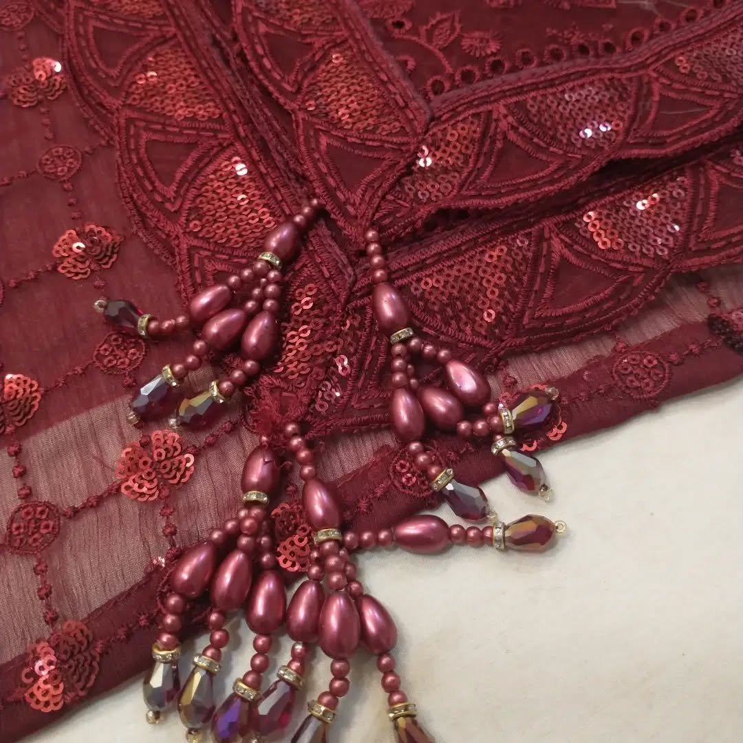 JAZMIN MAROON EMBROIDERED CHIFFON WITH RAW SILK