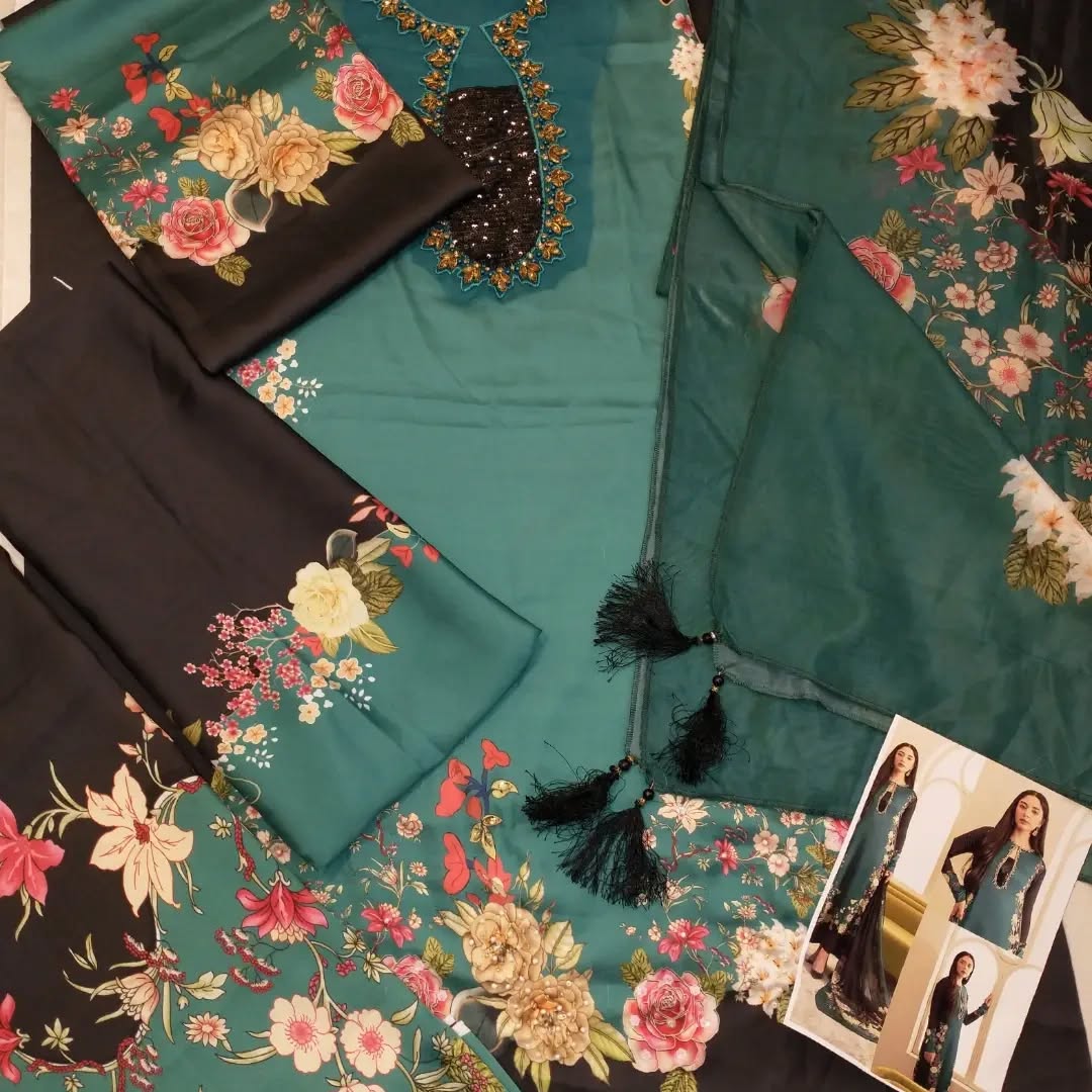 LULUSAR EMERALD HAND EMBELISHED CHARMEUSE SILK 3PC