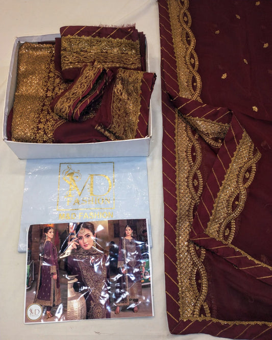 ASIM JOFA BURGUNDY CHIFFON EMBROIDERED 3PC