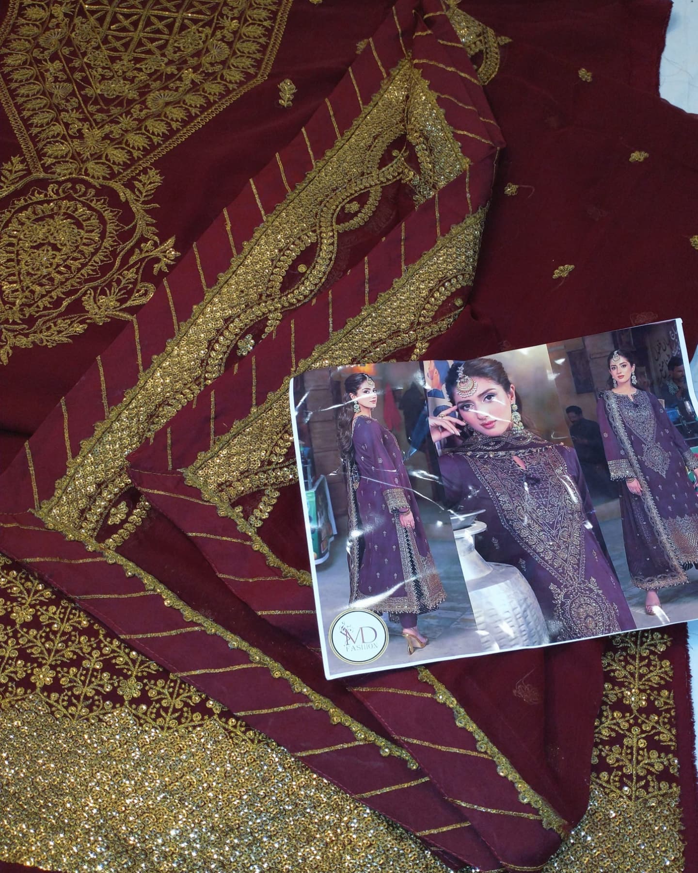 ASIM JOFA BURGUNDY CHIFFON EMBROIDERED 3PC