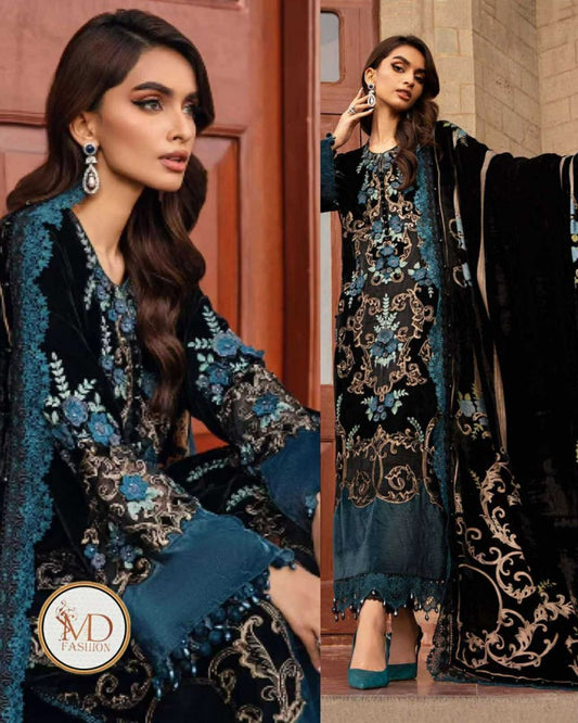 Maria B Velvet Palachi Black Blue Embroidered