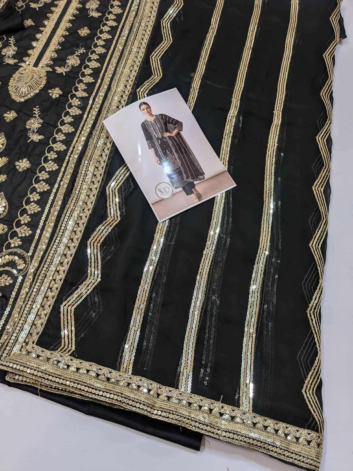 RajBari Cotton black Gold dress with chiffon duppata