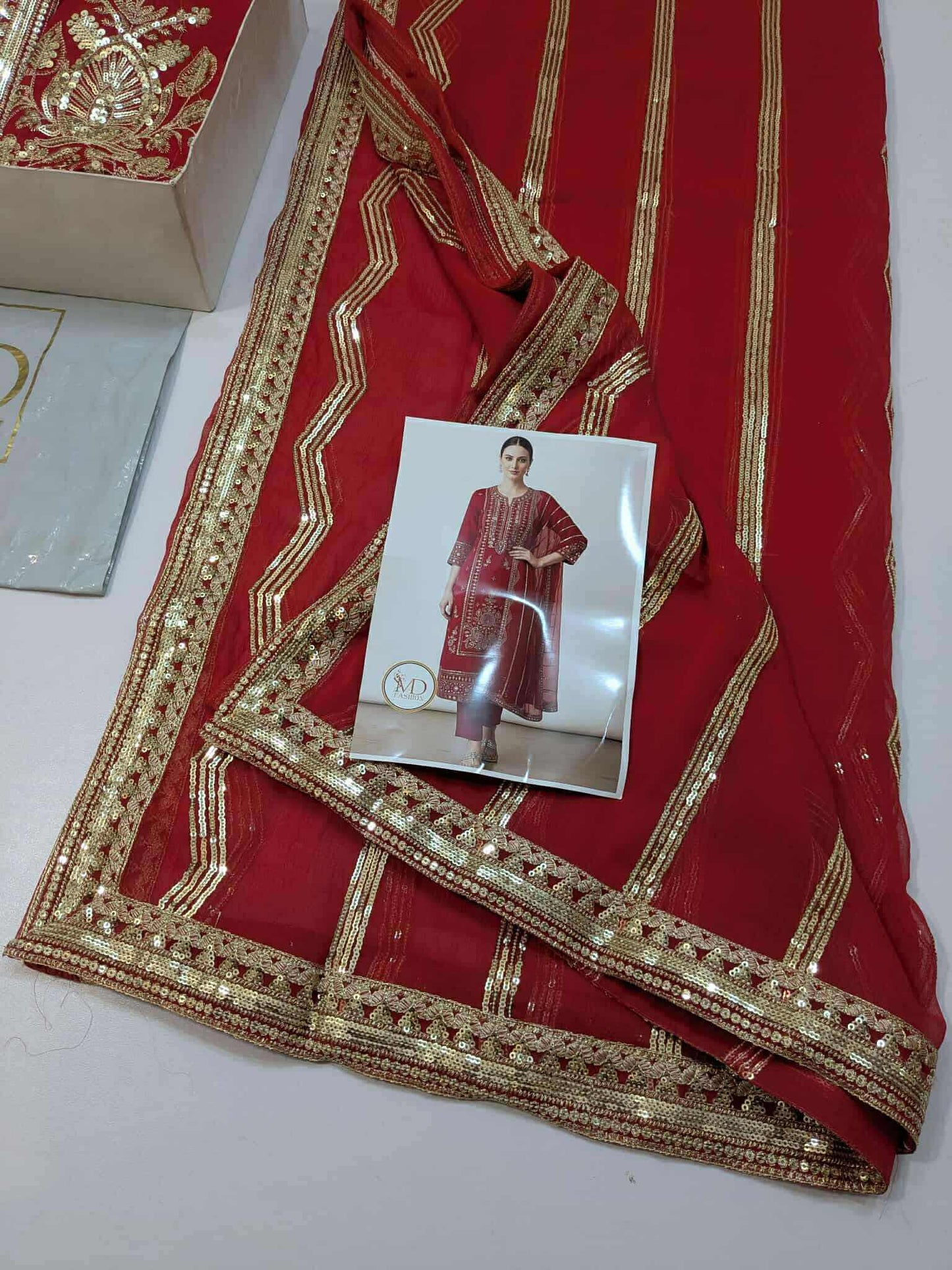 RajBari Cotton Red Gold dress with chiffon duppata