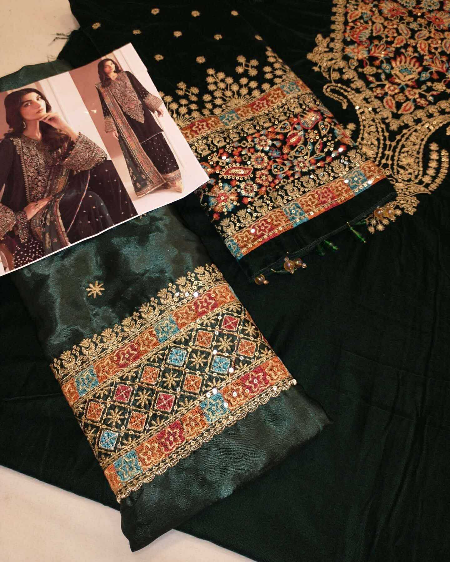 Jazmin Green Velvet dress with Multi wrok