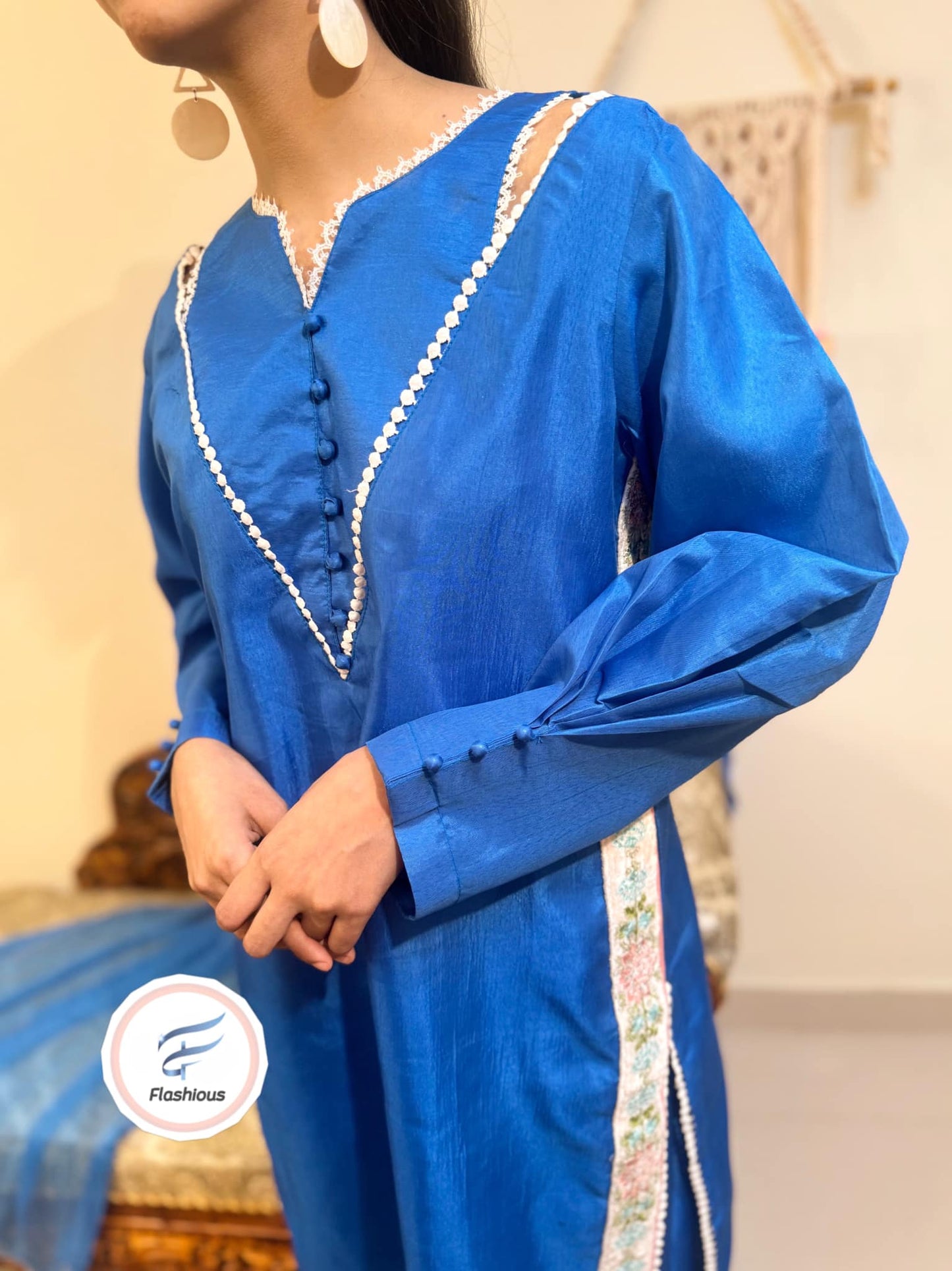 Flashious Stitched Raw-Silk SapphireBlue Dress