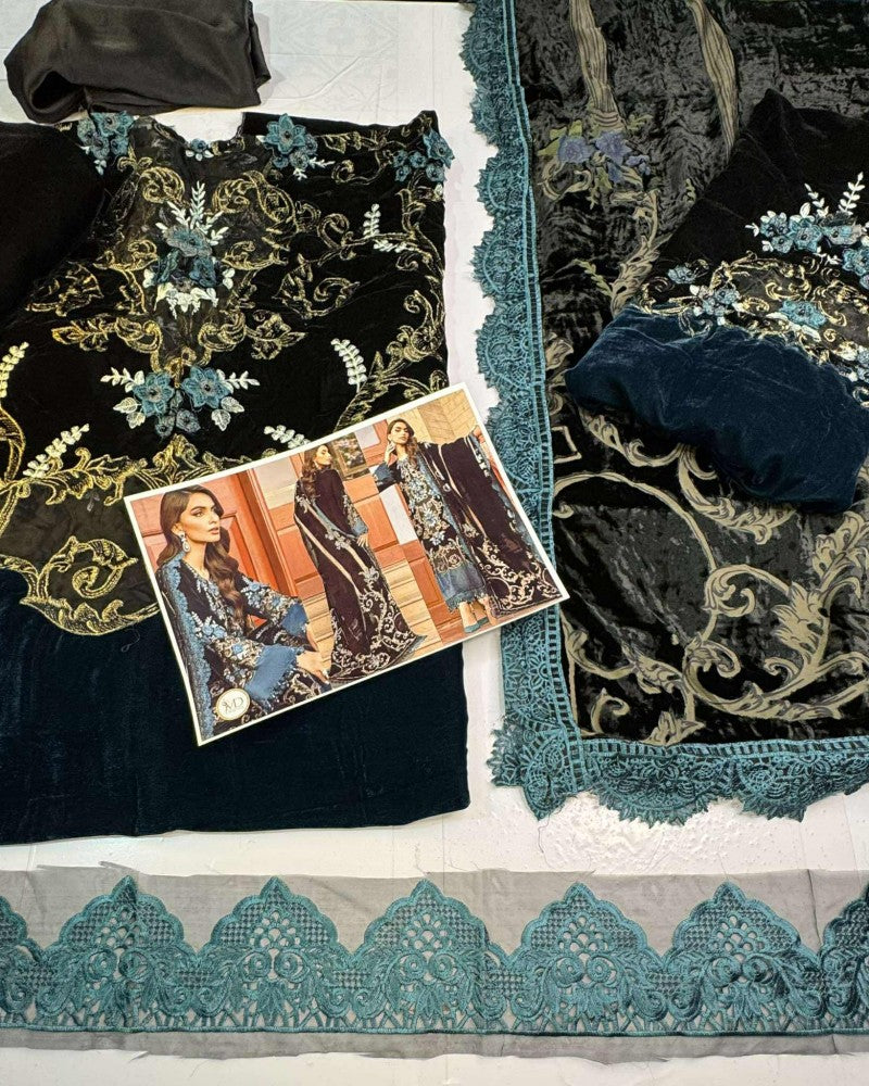 Maria B Velvet Palachi Black Blue Embroidered