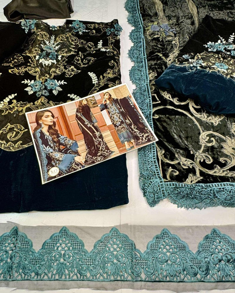 Maria B Velvet Palachi Black Blue Embroidered