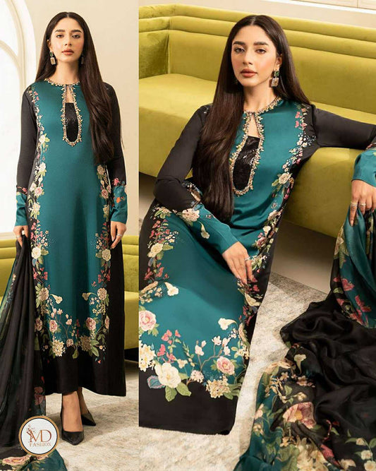 LULUSAR EMERALD HAND EMBELISHED CHARMEUSE SILK 3PC