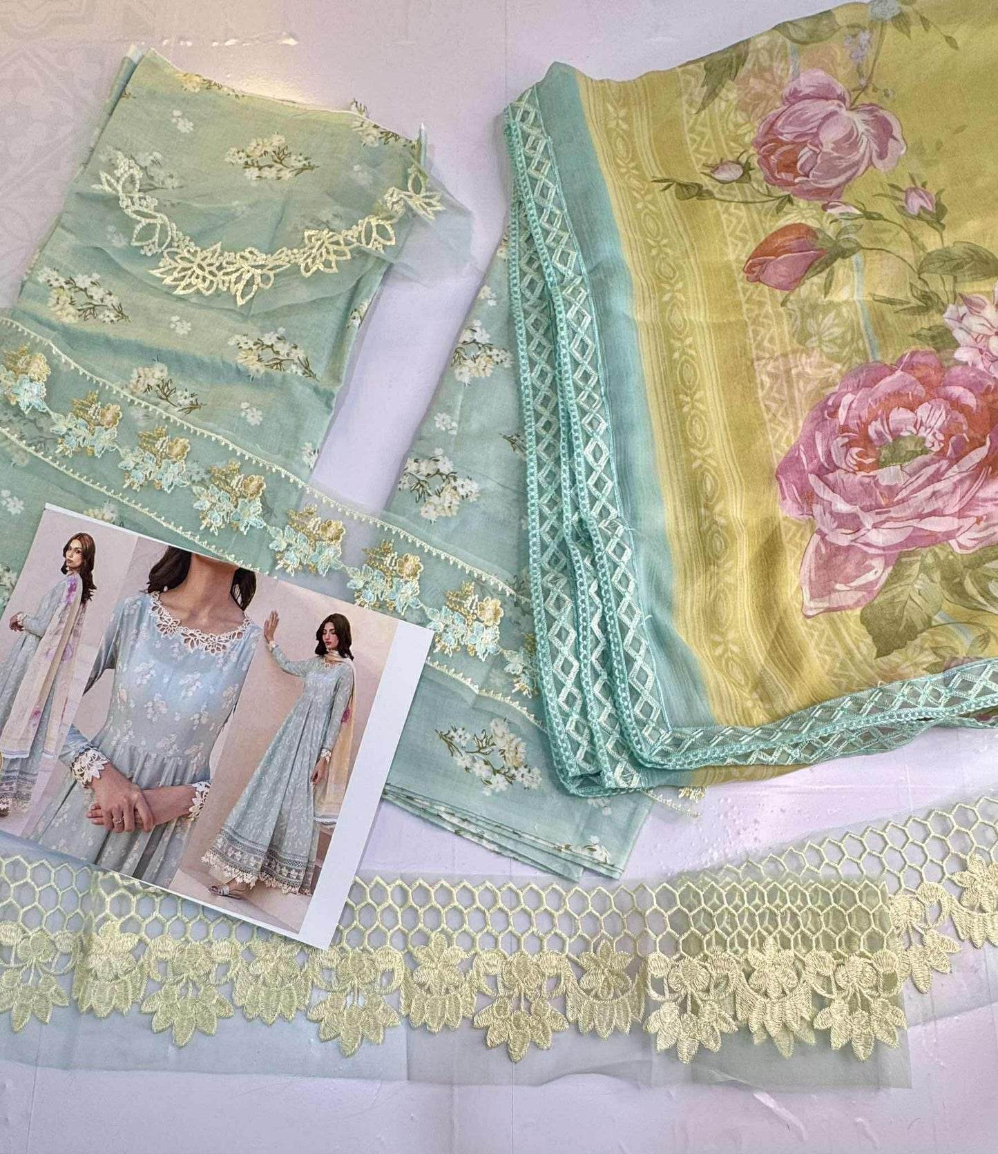 Iznik Lawn Sky embriodery with ready to wear duppata