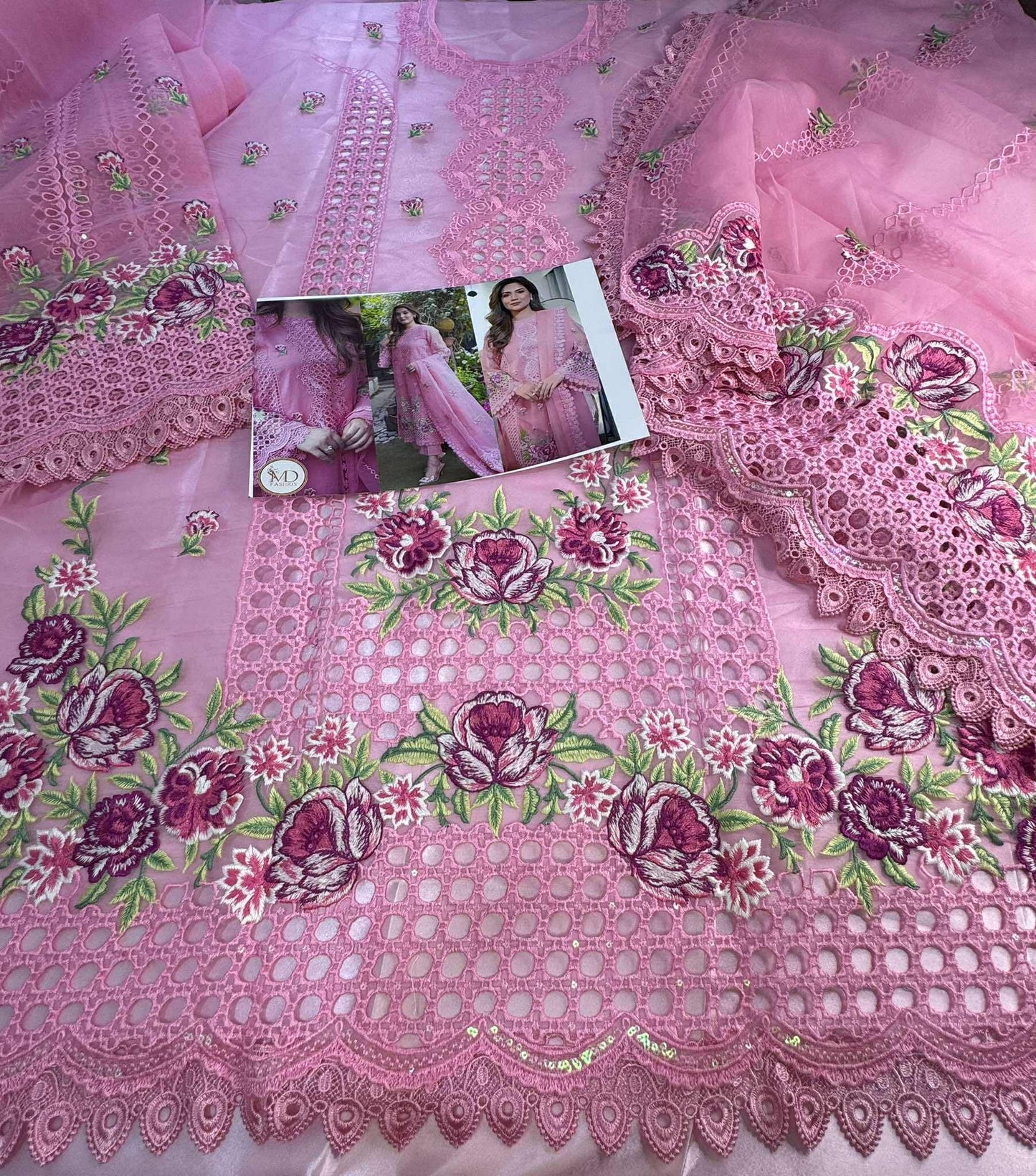 ANEELA ROSE PINK BORING WORK ORGANZA 3PC