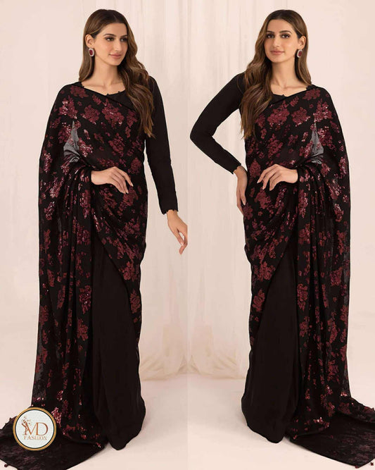 Jazmin chiffon sequence embriodered black red Sare