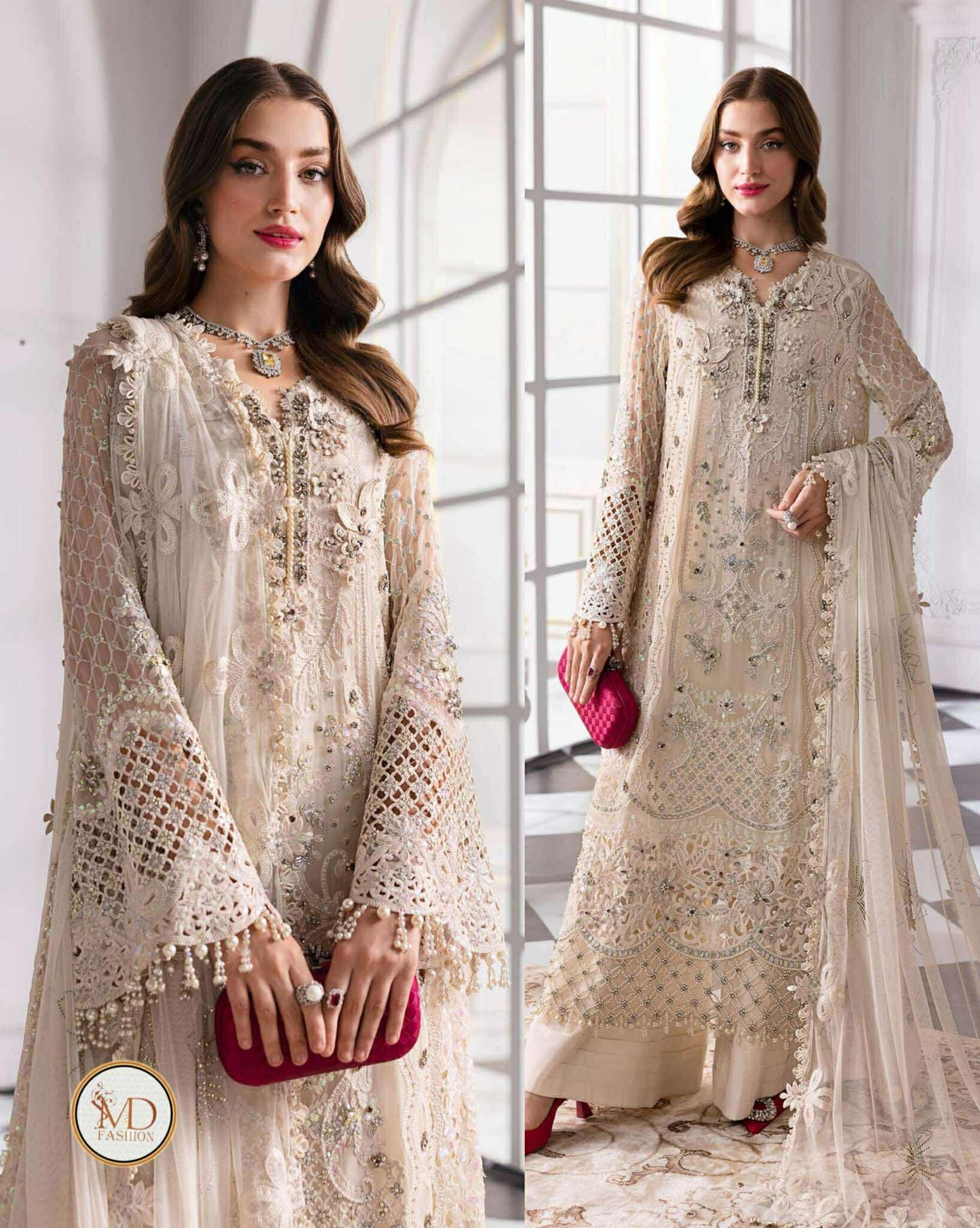 Maria B Cream White Chiffon Embroidered Suit