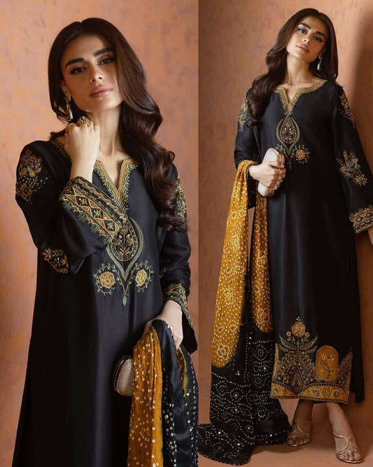 Sheesha Silk black Mustard with chunri duppata