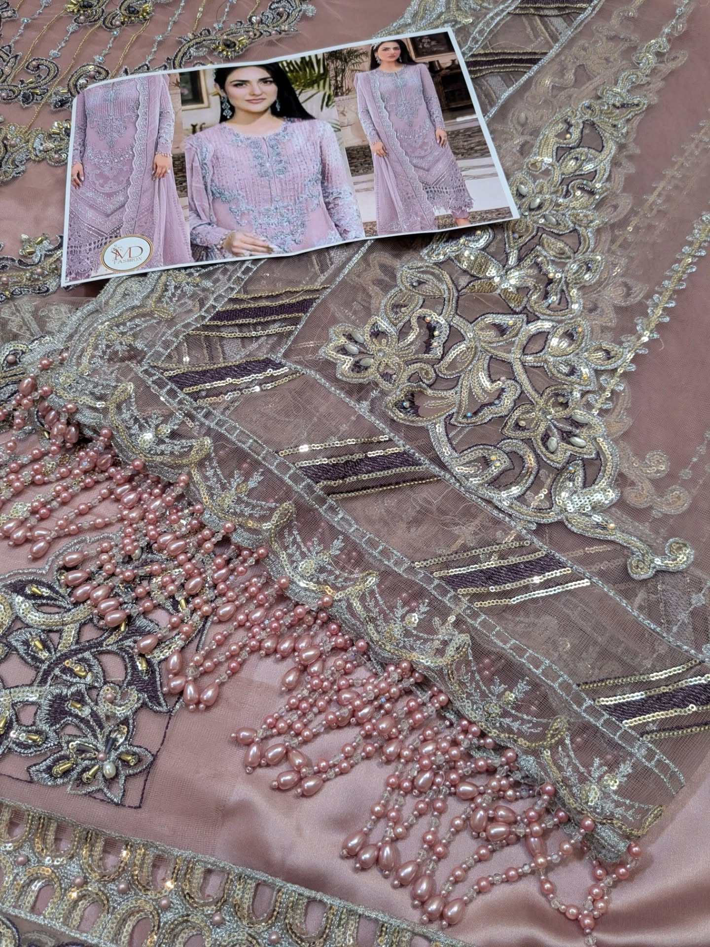 Maria B Premium Quality Onion Pink Tassels Net Dress