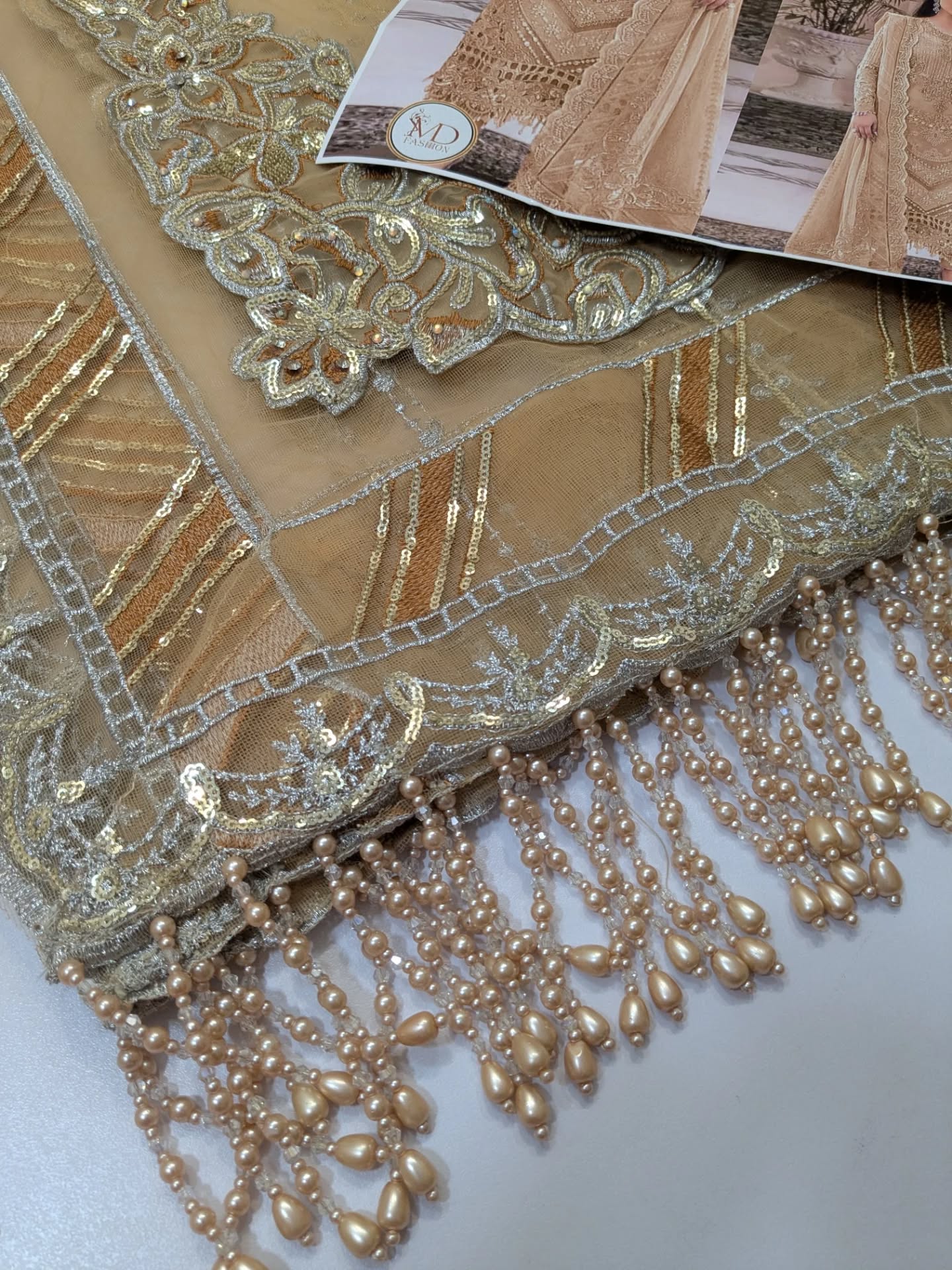 Maria B Premium Quality Golden Tassels Net Dress