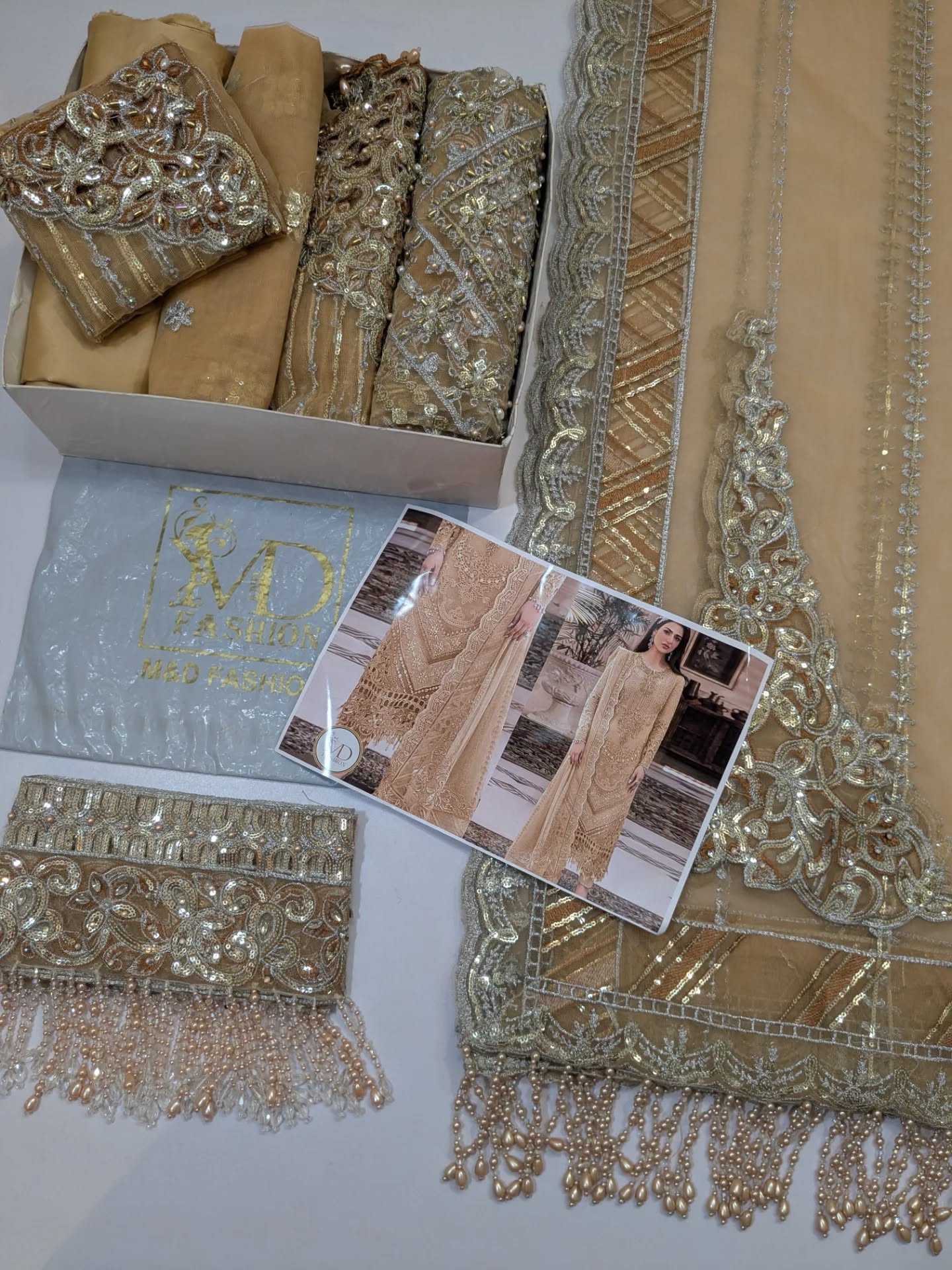 Maria B Premium Quality Golden Tassels Net Dress