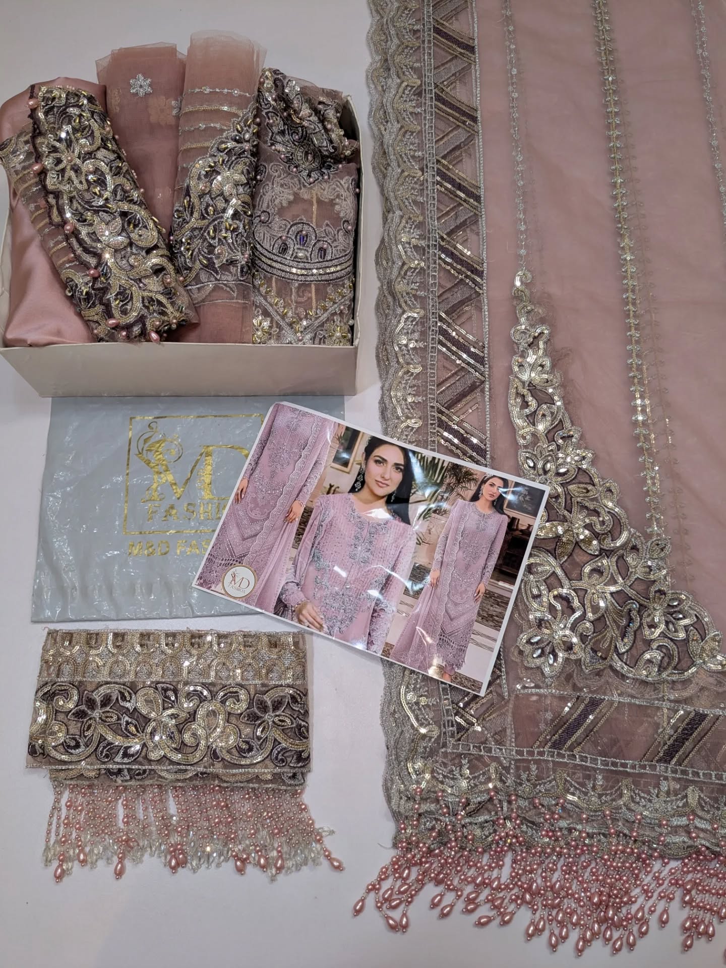 Maria B Premium Quality Onion Pink Tassels Net Dress