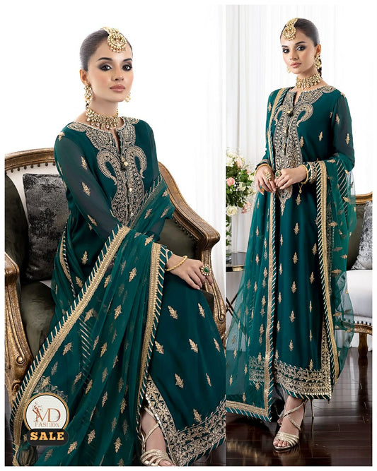 ASIM JOFA EMERALD GREEN CHIFFON EMBROIDERED 3PC