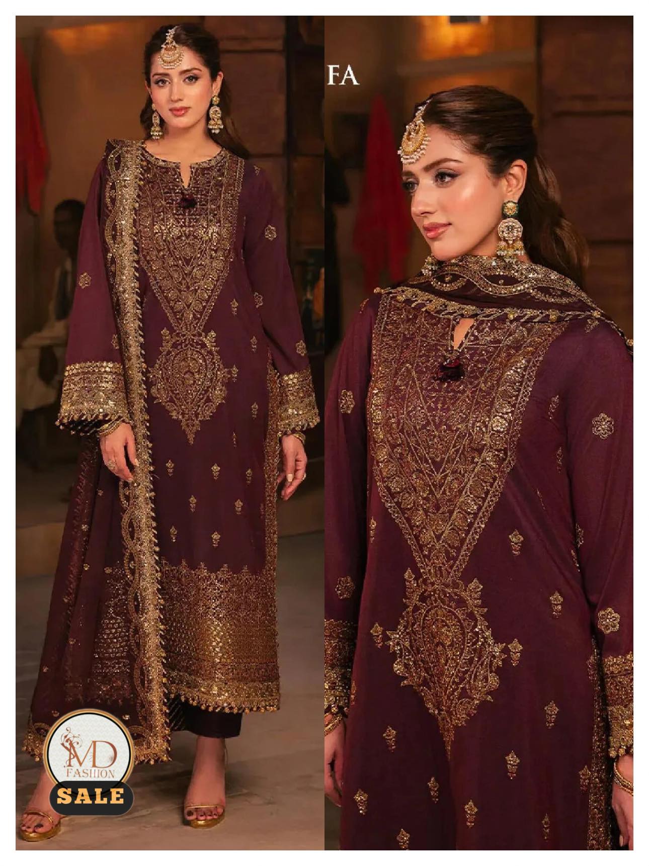 ASIM JOFA BURGUNDY CHIFFON EMBROIDERED 3PC