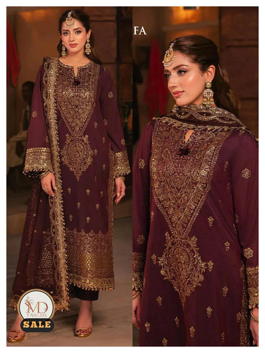 ASIM JOFA BURGUNDY CHIFFON EMBROIDERED 3PC