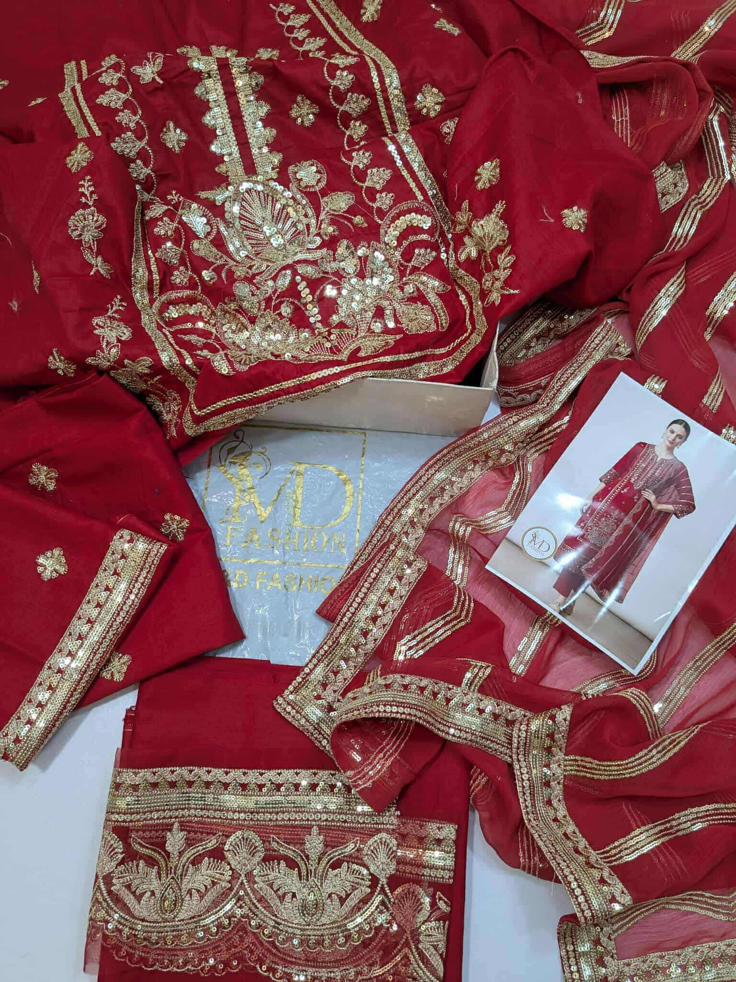 RajBari Cotton Red Gold dress with chiffon duppata