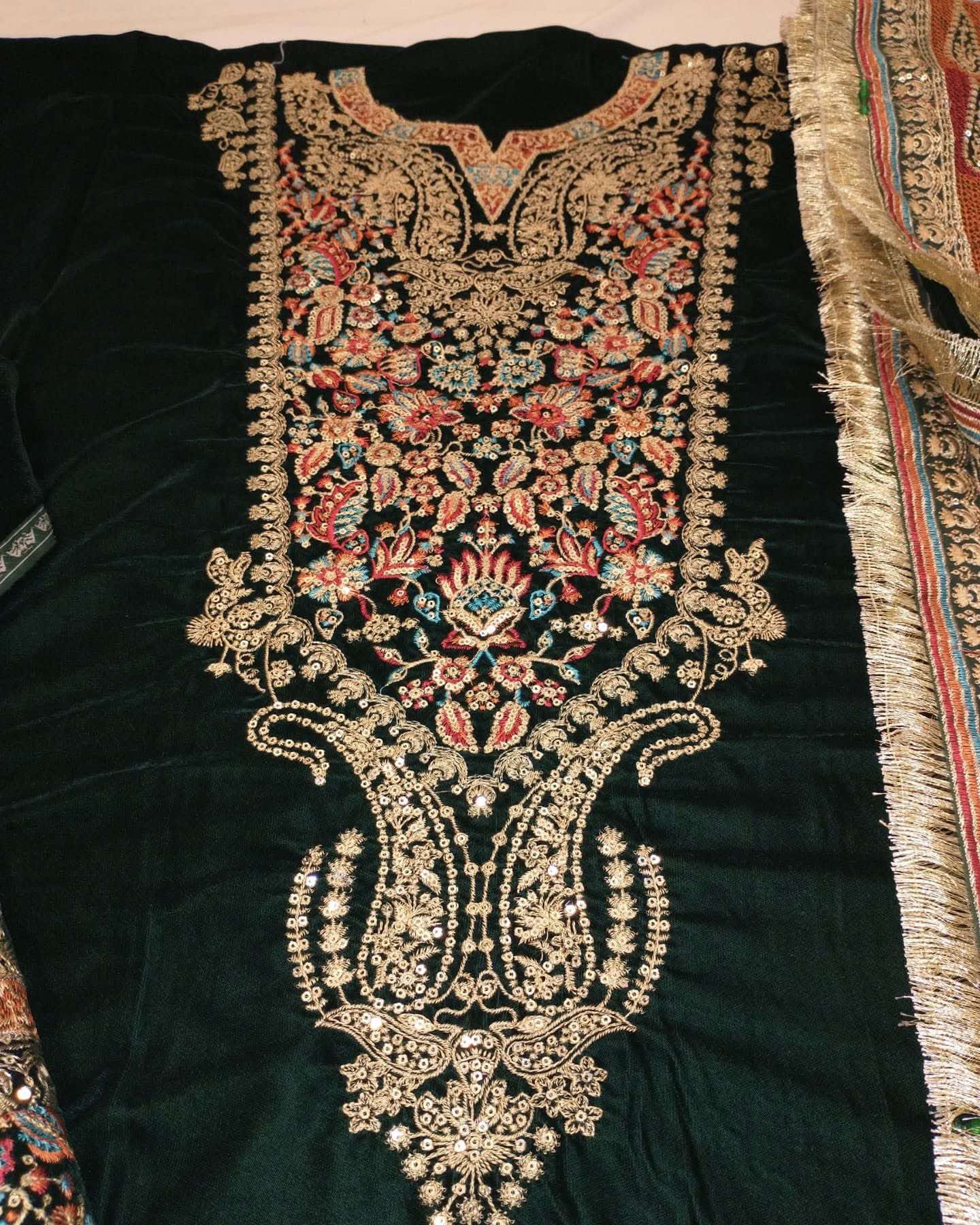 Jazmin Green Velvet dress with Multi wrok