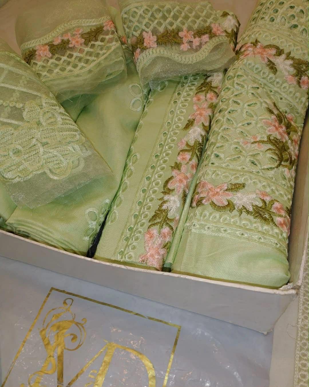 ADAN LIBAS PISTACHIO CHIKNKARI LAWN UNSTICHED