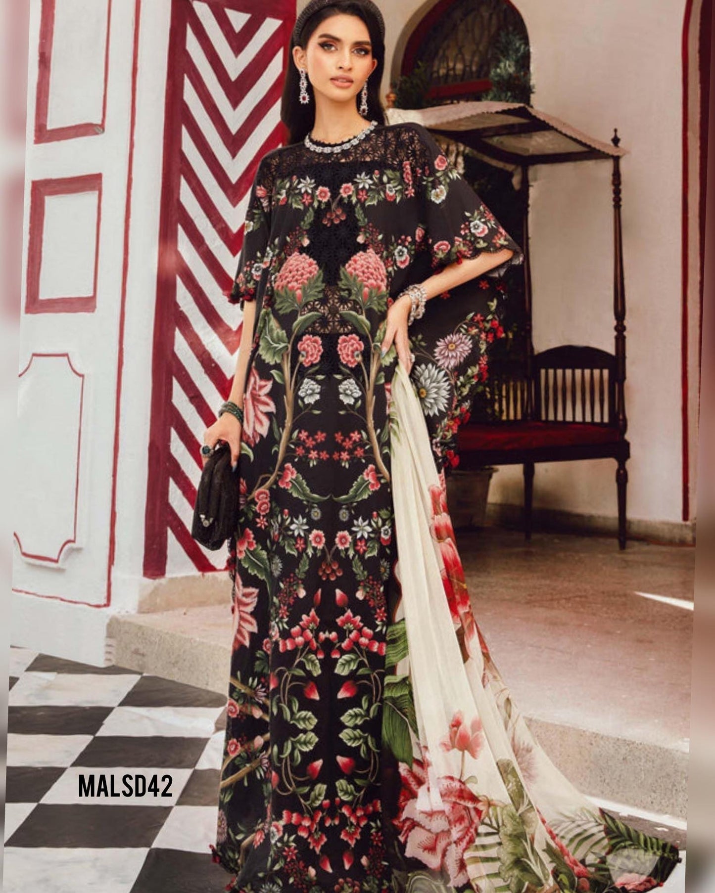 MARIA B BLACK 27B LAWN DRESS WITH READY CHIFFON DUPPATA MAROON