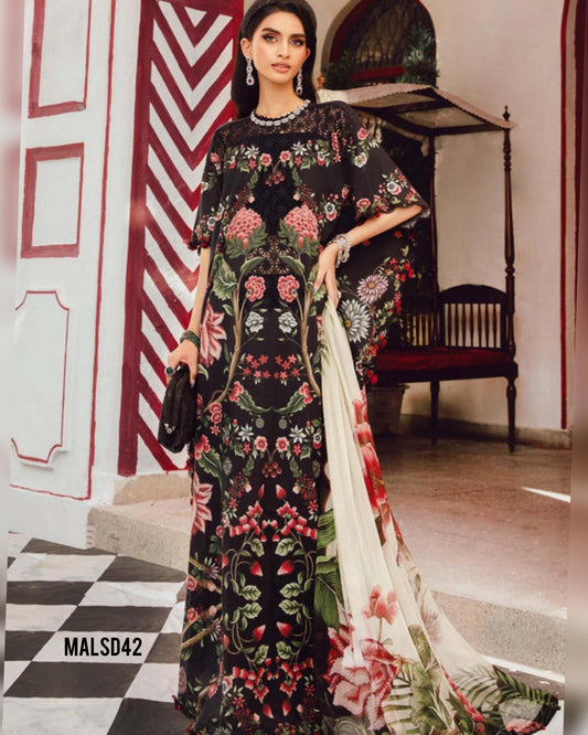 MARIA B BLACK 27B LAWN DRESS WITH READY CHIFFON DUPPATA MAROON